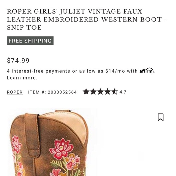 ROPER GIRLS' JULIET VINTAGE FAUX LEATHER EMBROIDERED WESTERN BOOT -
SNIP TOE - Picture 10 of 11